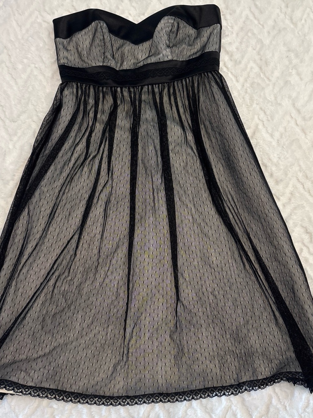 White House Black Market Strapless Black Mesh A-Line Dress with Lace Trim